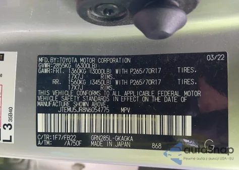 2022 Toyota 4Runner Sr5 z USA, uszkodzony, nr VIN JTEMU5JR8N6054775